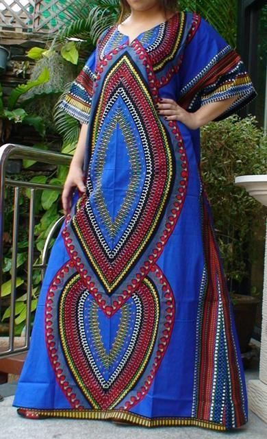 Traditional Dashiki Caftan Dress Cotton Free Size Blue  