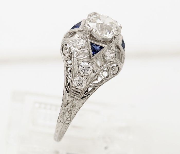 Antique Platinum, Diamond & Sapphire Art Deco Engagement Ring J32799 