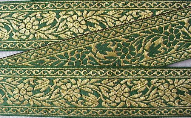 acquard ribbon trim metallic gold flowers on emerald green background