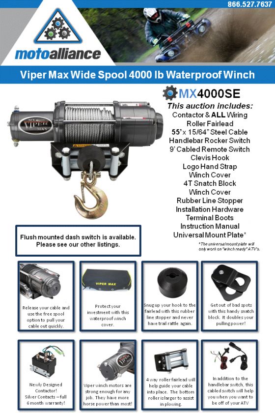 NEW VIPER MAX SE WIDE SPOOL WATERPROOF ATV WINCH 4000LB 4000 LB