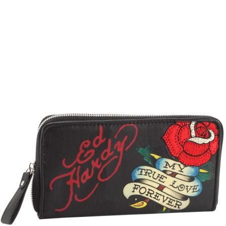 Ed Hardy Marie Rose Zip Around Wallet  Black  